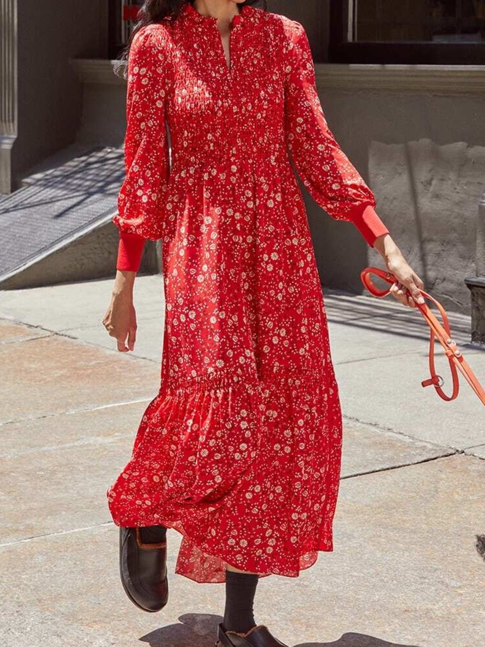 ME+EM Intricate Floral Print Shirred Tiered Maxi Dress Long Sleeve Red Size 10